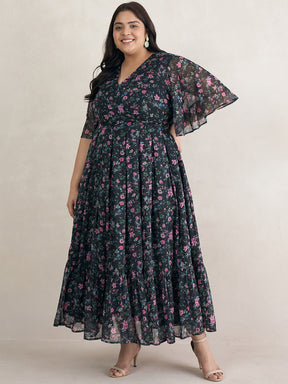 Black Floral Print Tiered Maxi Dress