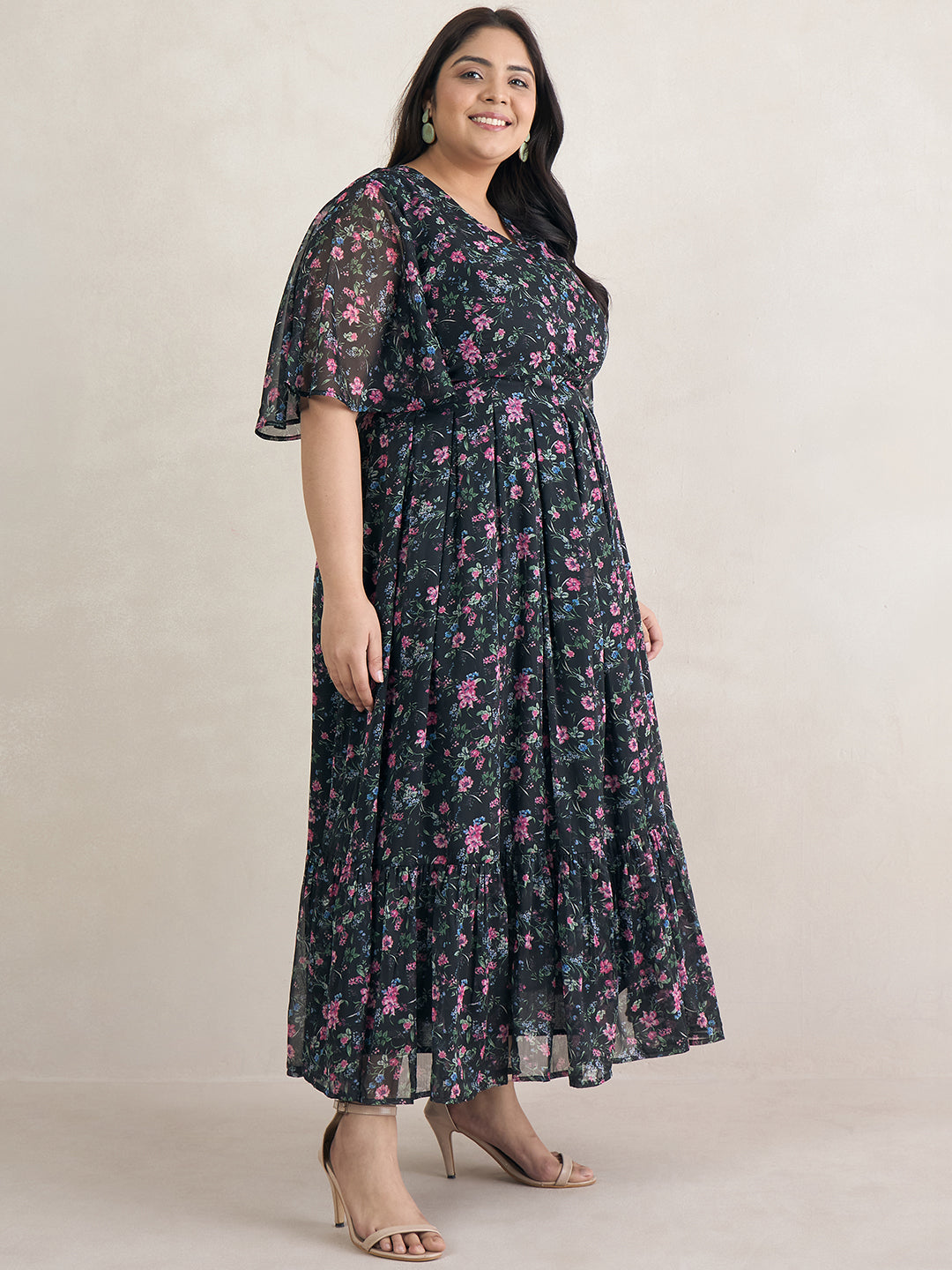 Black Floral Print Tiered Maxi Dress