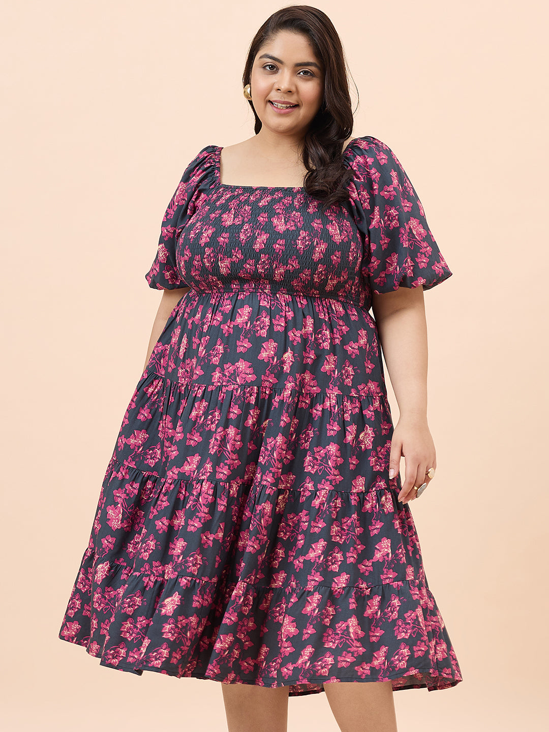 Black Floral Print Smocked Midi Dress