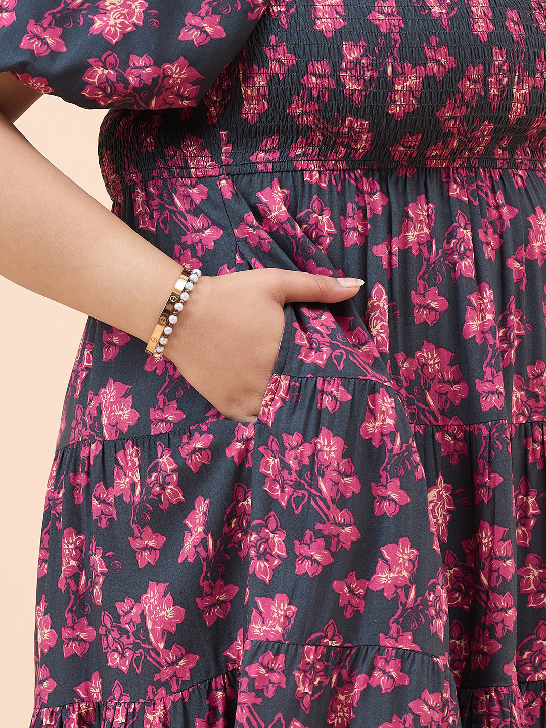 Black Floral Print Smocked Midi Dress