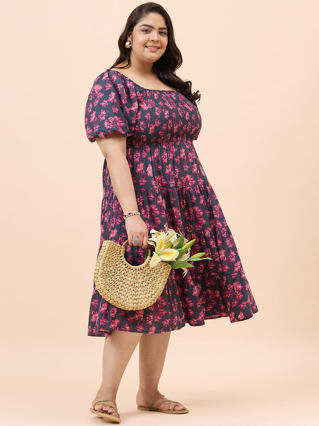 Black Floral Print Smocked Midi Dress