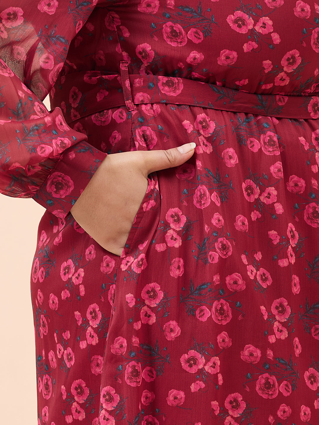 Red Floral Print V-Neck Maxi Dress