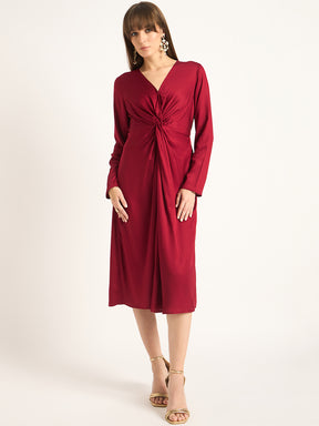 Red Front Twist Detail Midi Dress