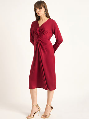 Red Front Twist Detail Midi Dress