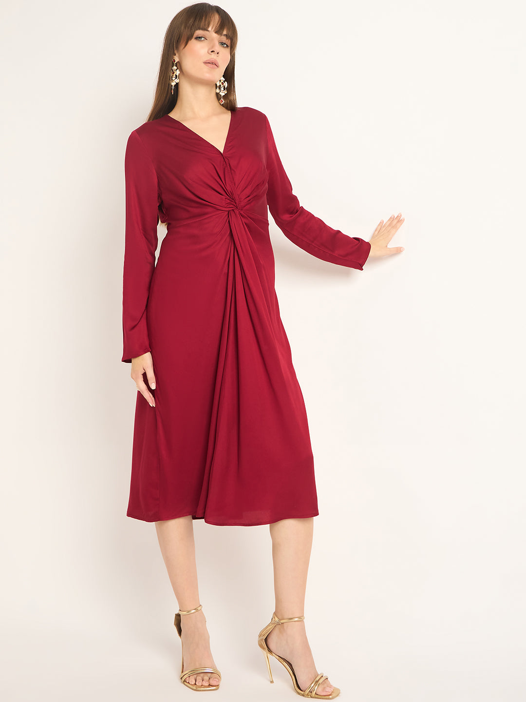 Red Front Twist Detail Midi Dress