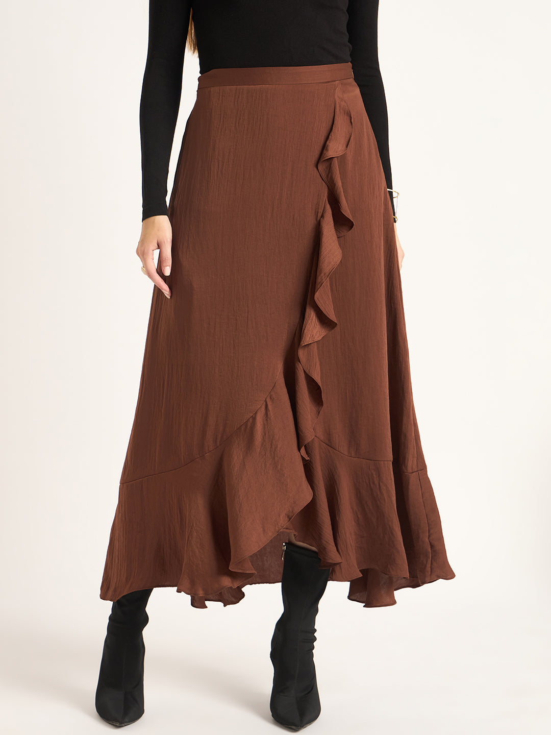 Coffee Brown Ruffle Satin Maxi Skirt