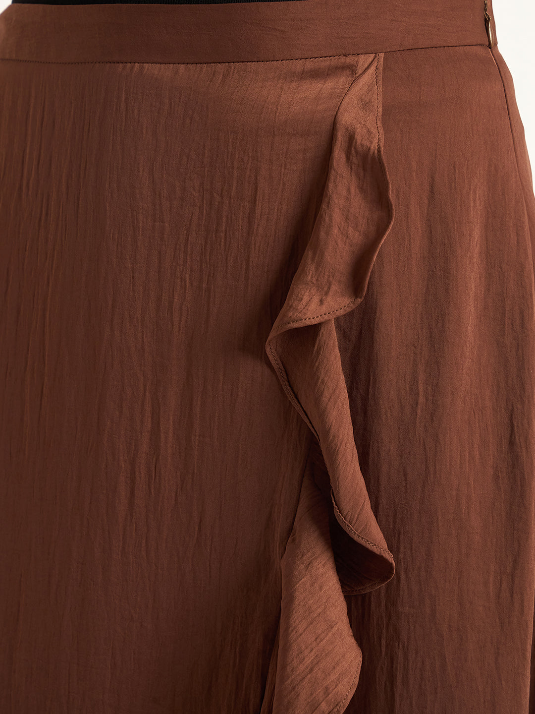 Coffee Brown Ruffle Satin Maxi Skirt