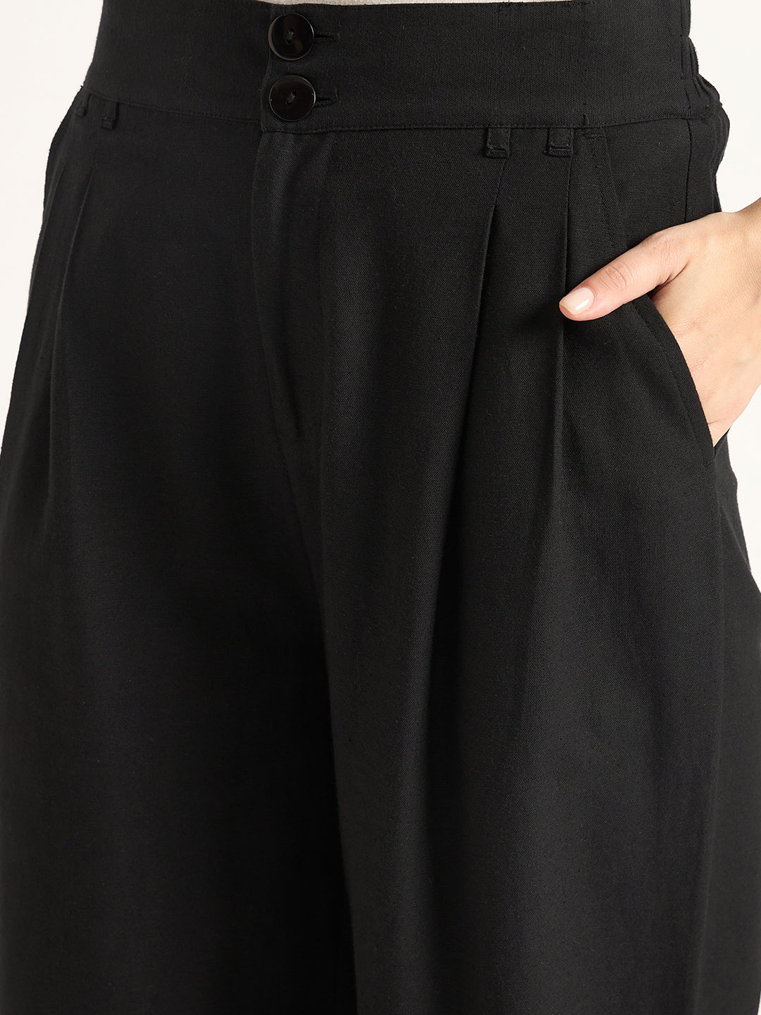 Black Dual Button Detailing Straight Pant