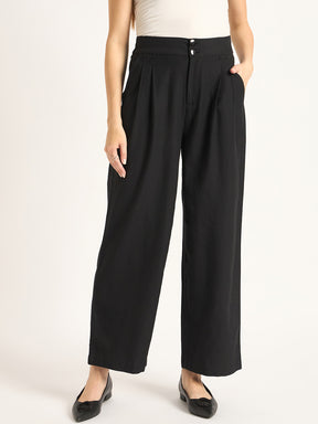 Black Dual Button Detailing Straight Pant