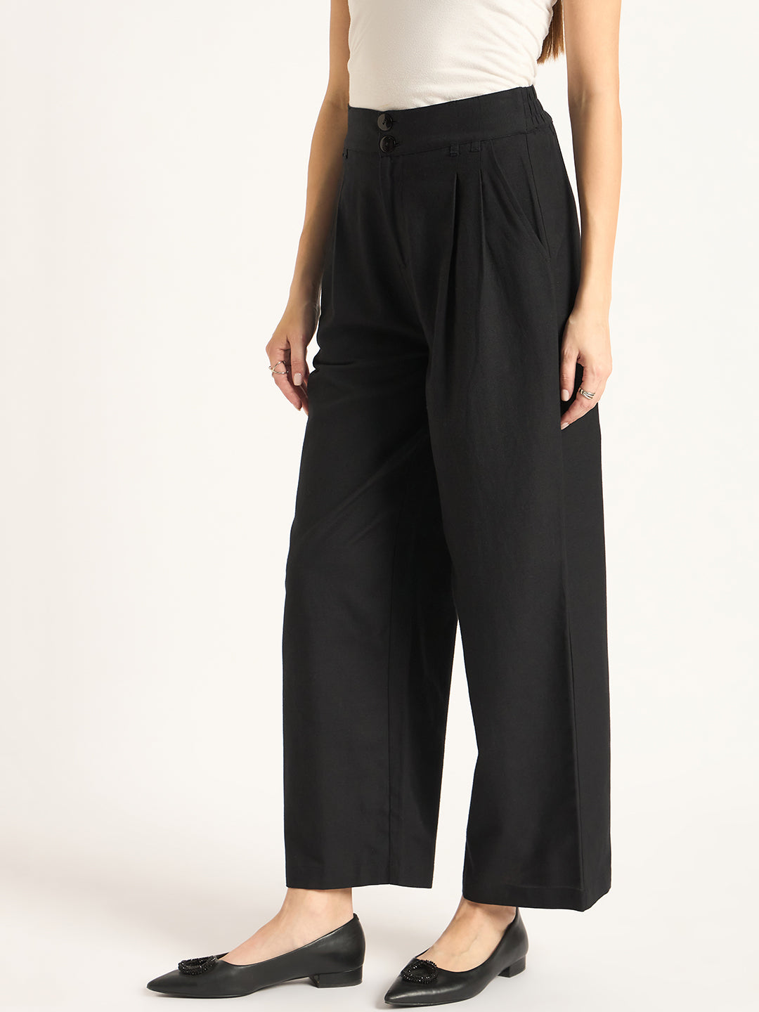 Black Dual Button Detailing Straight Pant