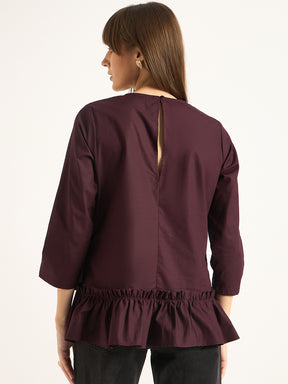 Wine Asymmetric Ruffle Detailing Poplin Top