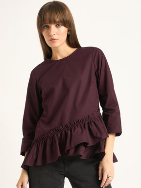 Wine Asymmetric Ruffle Detailing Poplin Top