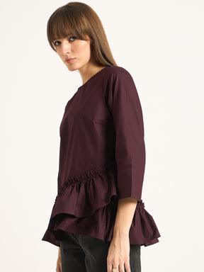 Wine Asymmetric Ruffle Detailing Poplin Top