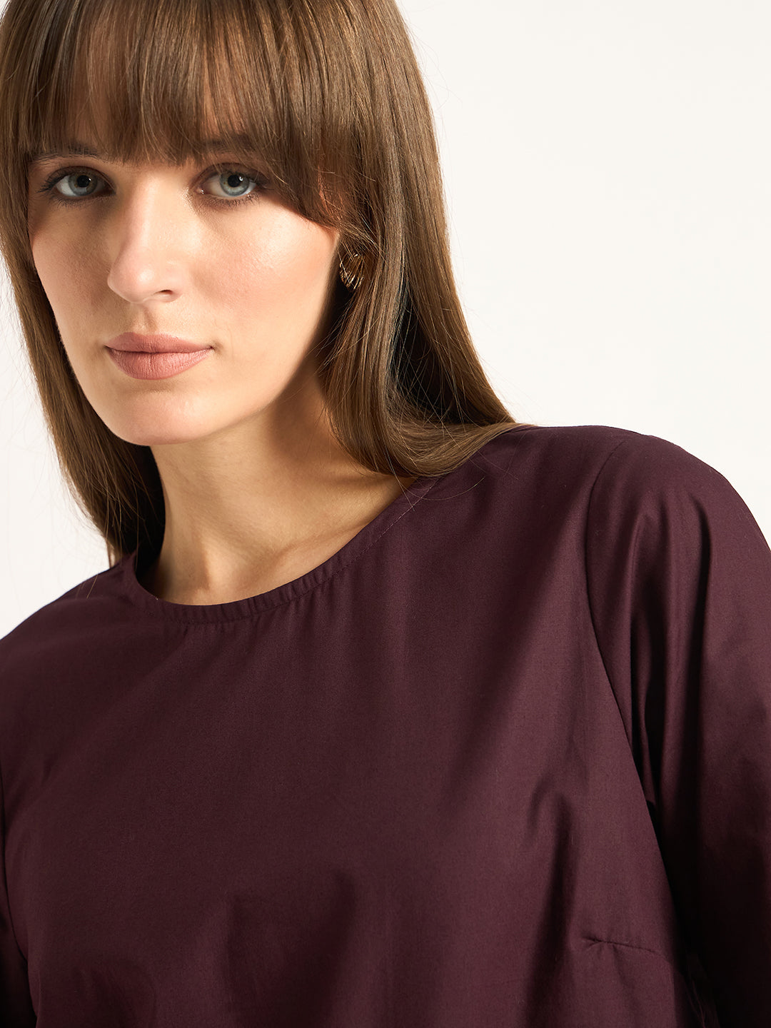 Wine Asymmetric Ruffle Detailing Poplin Top