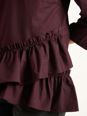 Wine Asymmetric Ruffle Detailing Poplin Top