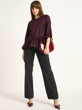 Wine Asymmetric Ruffle Detailing Poplin Top