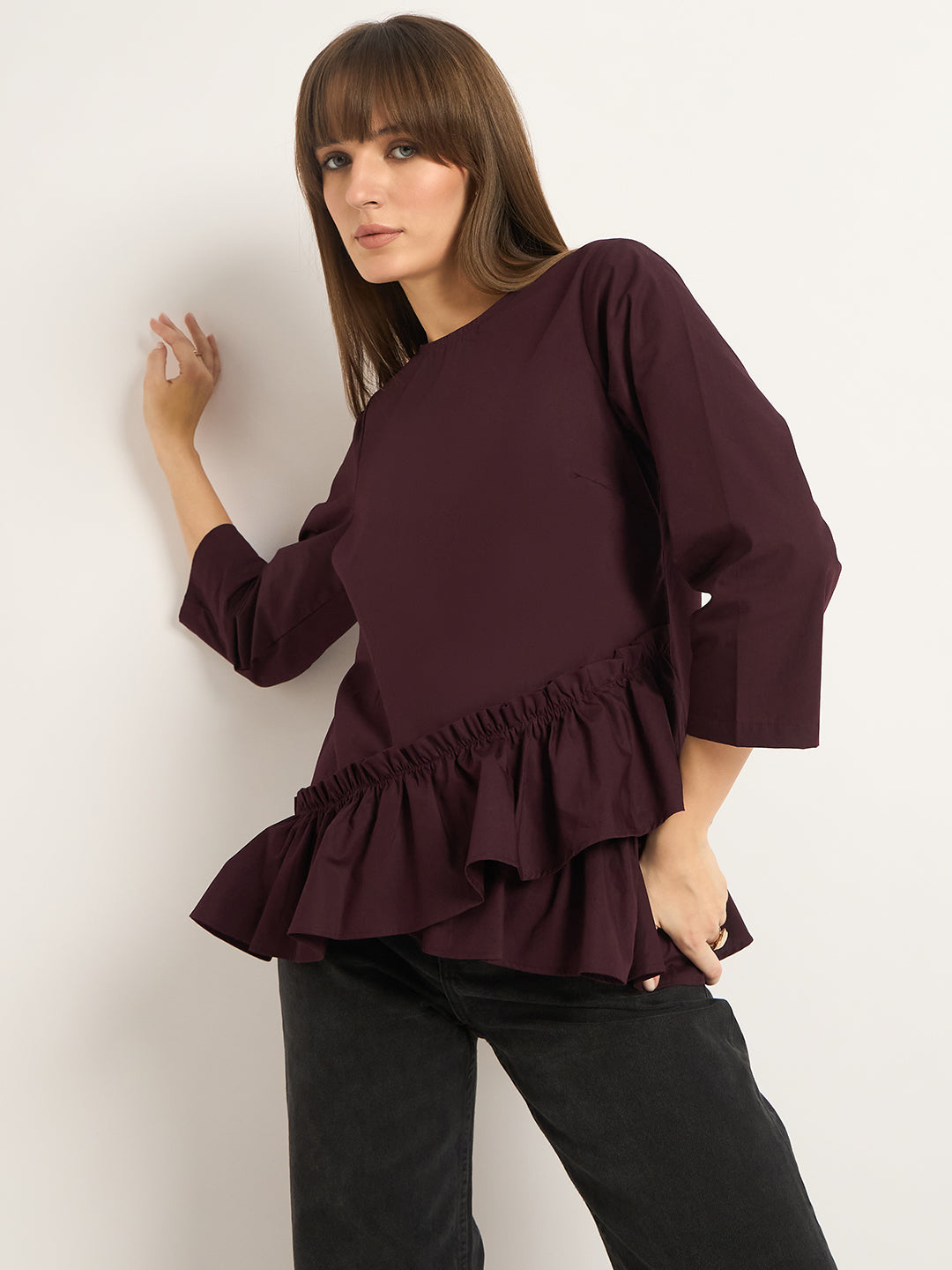 Wine Asymmetric Ruffle Detailing Poplin Top