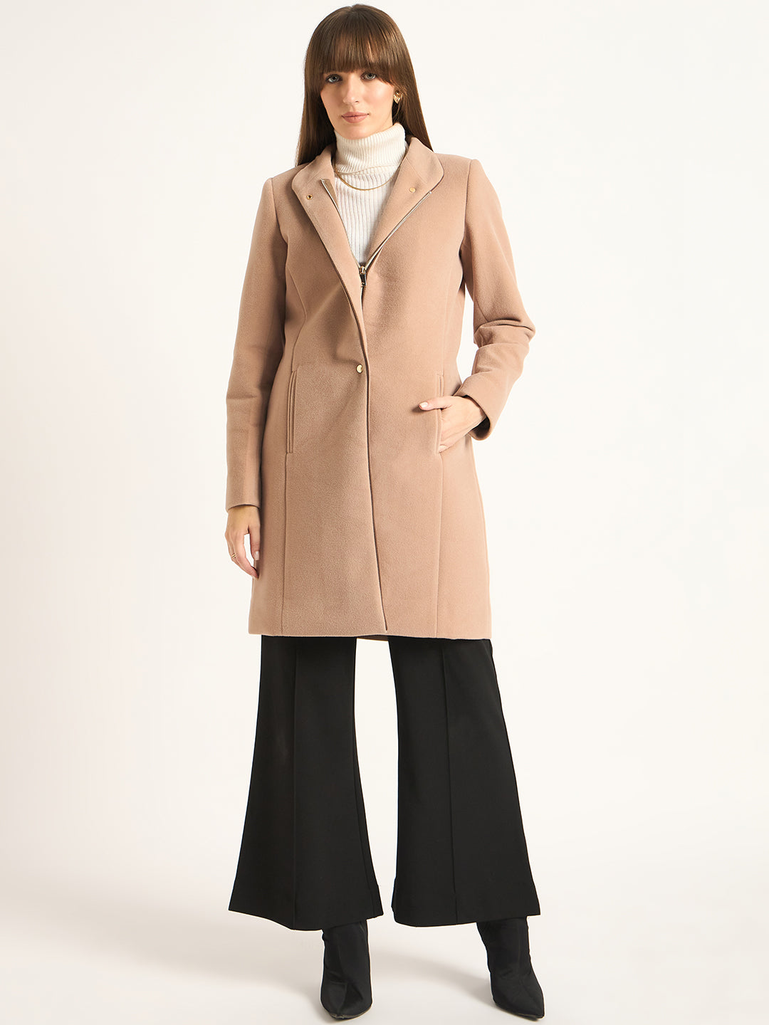 Biege Zip-Up Long Coat