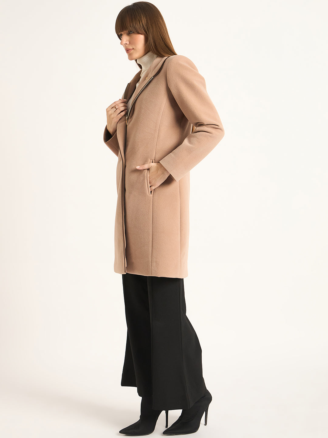 Biege Zip-Up Long Coat