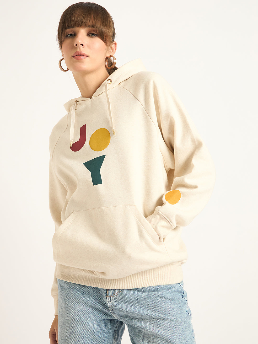 Oat Melange Raglan Sleeve Fleece Graphic Hoodie