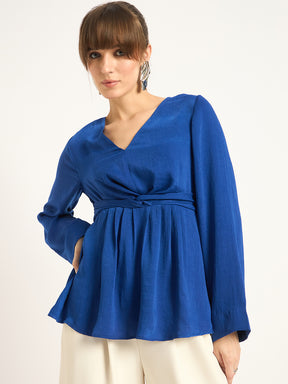 Royal Blue Front Twist Detail Satin Top