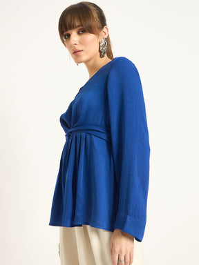 Royal Blue Front Twist Detail Satin Top