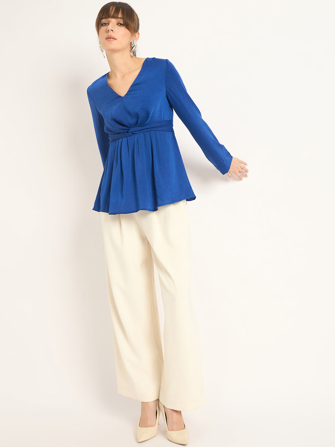 Royal Blue Front Twist Detail Satin Top