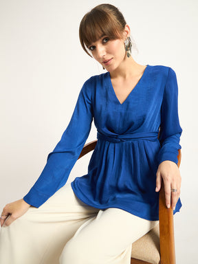 Royal Blue Front Twist Detail Satin Top