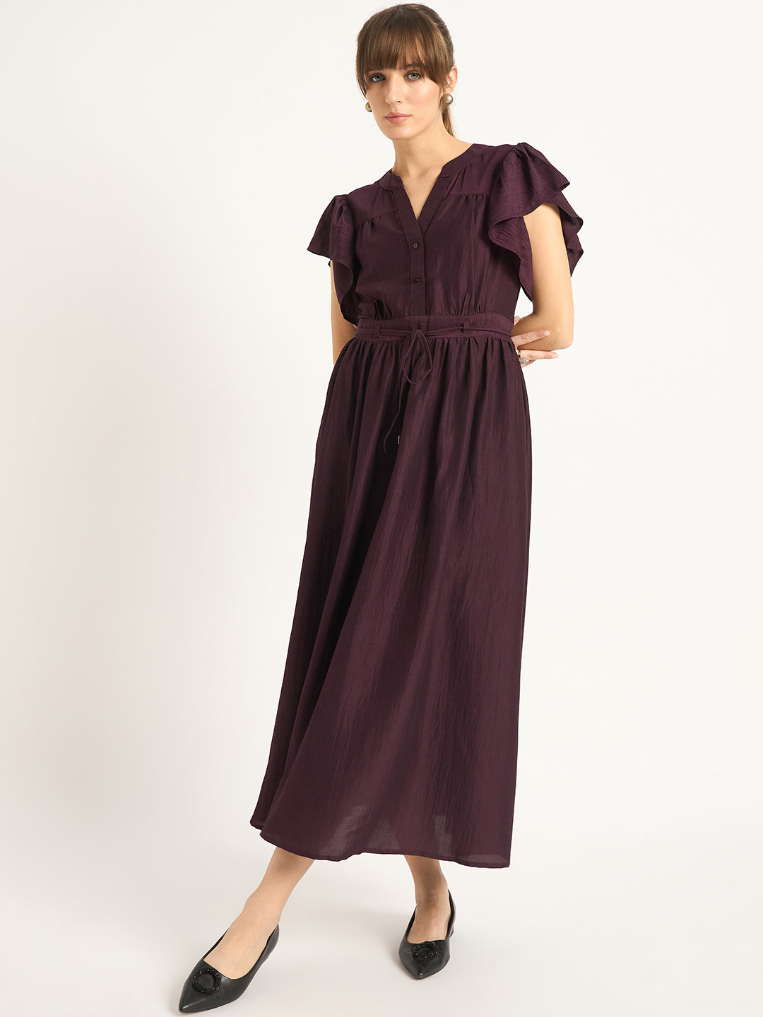 Wine Flutter Sleeves Maxi Dress