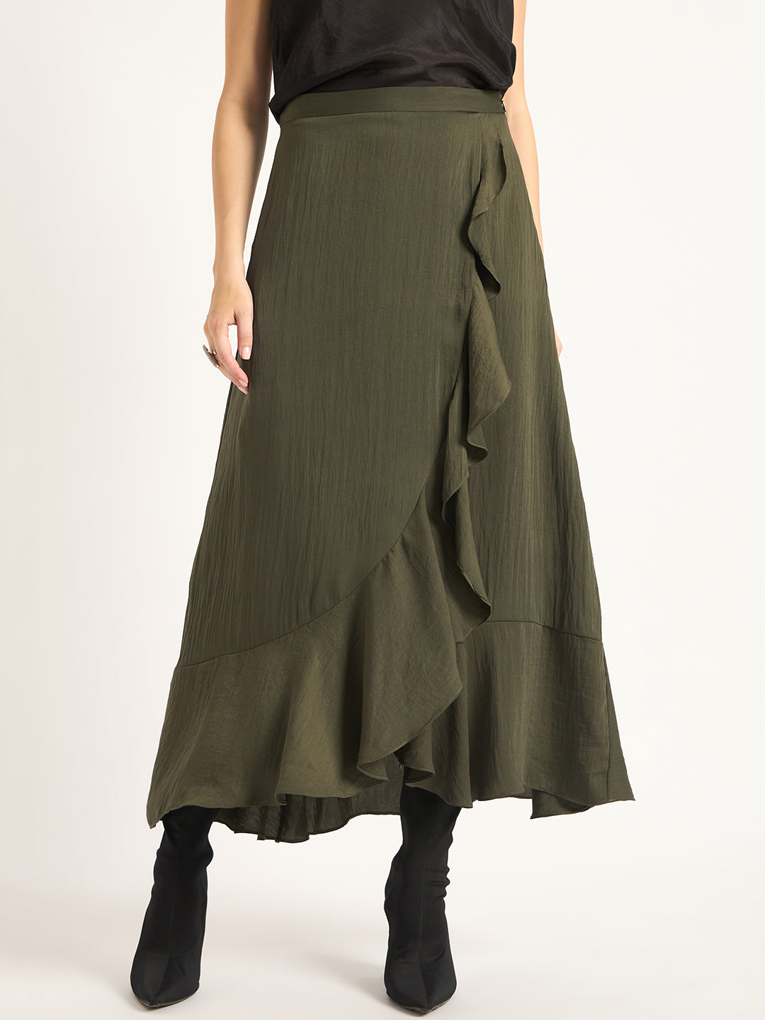 Olive Ruffle Satin Maxi Skirt