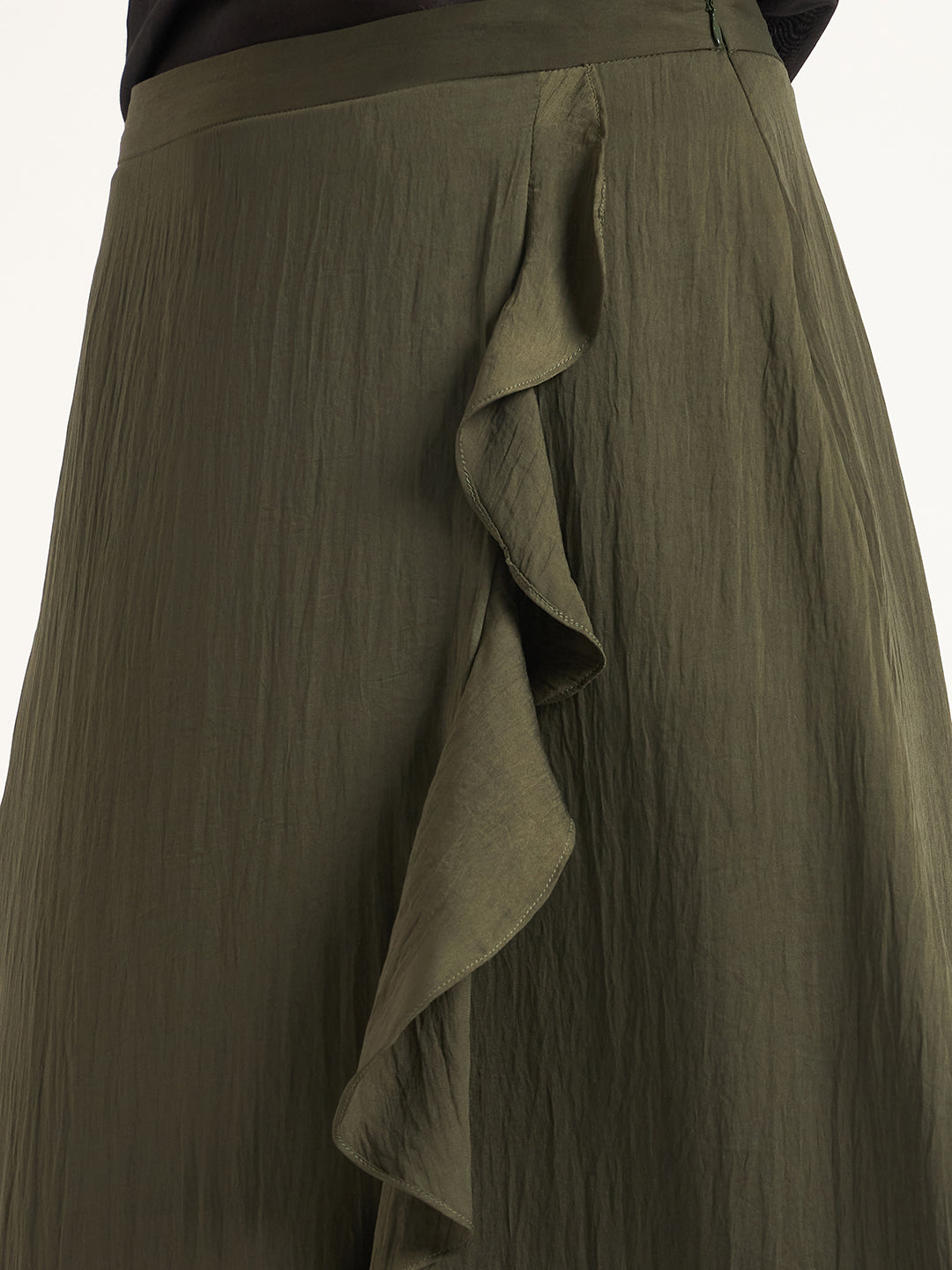 Olive Ruffle Satin Maxi Skirt