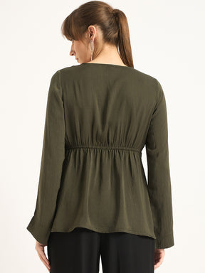 Olive Front Twist Detail Satin Top