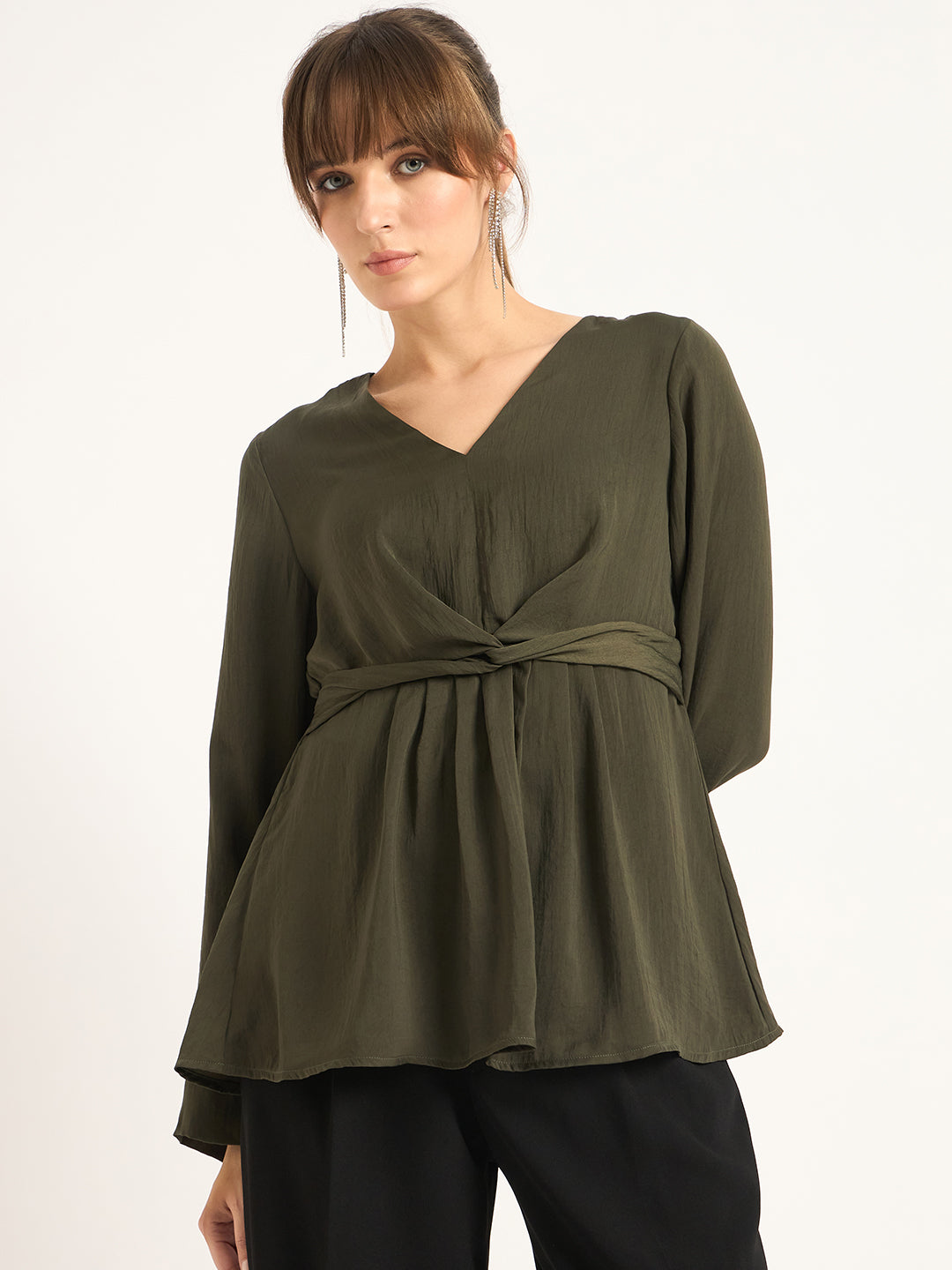 Olive Front Twist Detail Satin Top