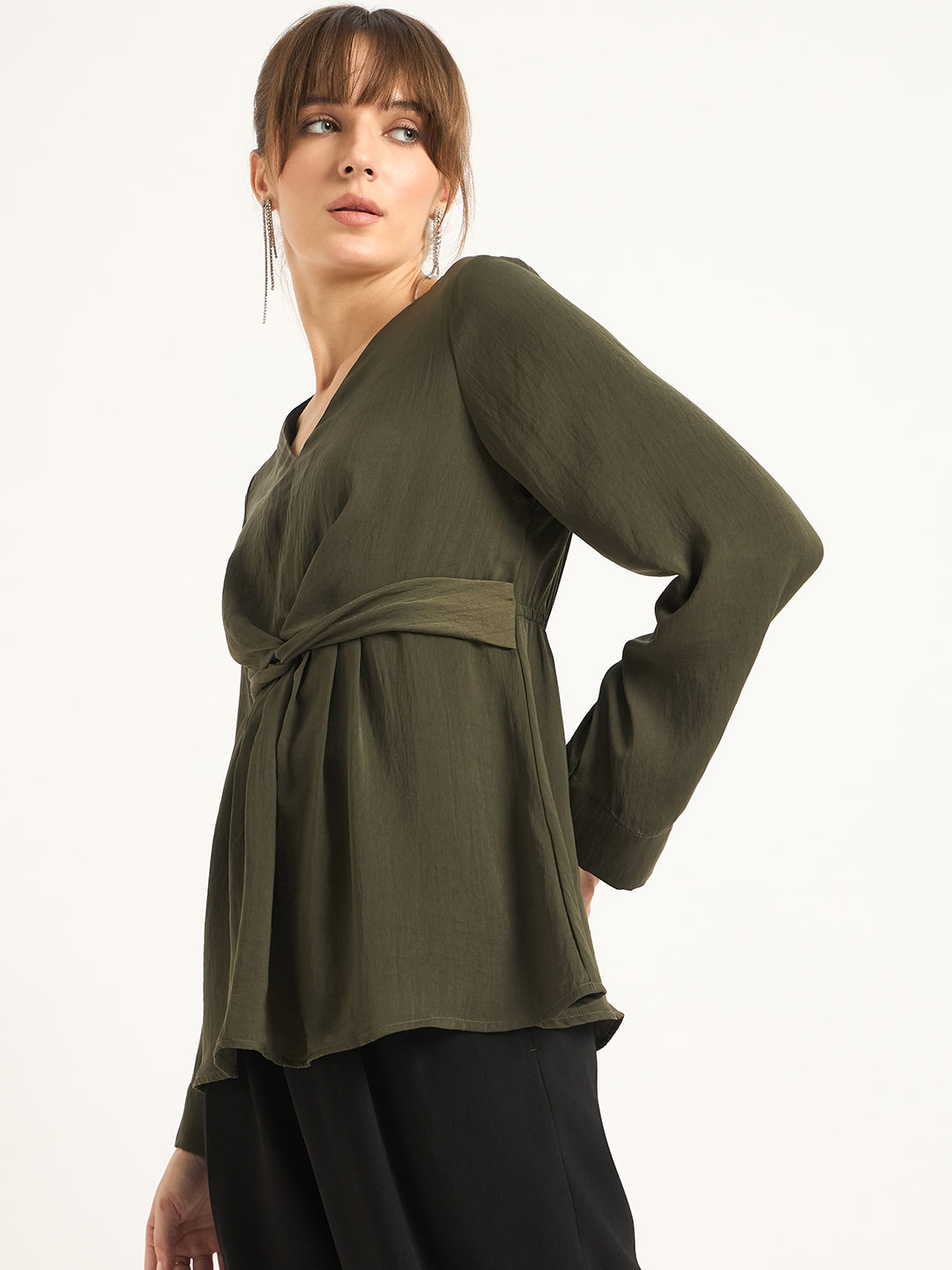 Olive Front Twist Detail Satin Top