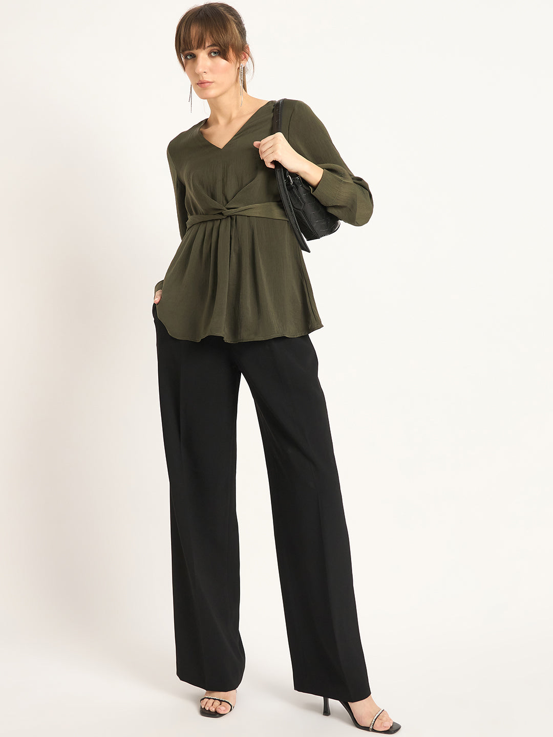 Olive Front Twist Detail Satin Top