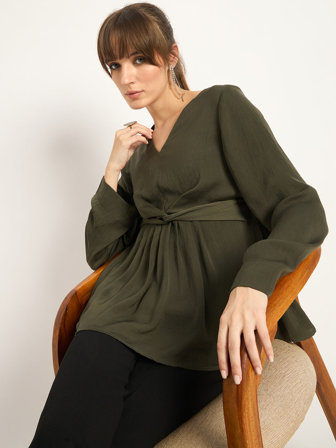 Olive Front Twist Detail Satin Top