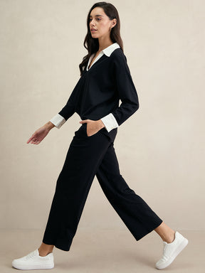 Black And White Travel Top With Straight Pant Co-Ord Set