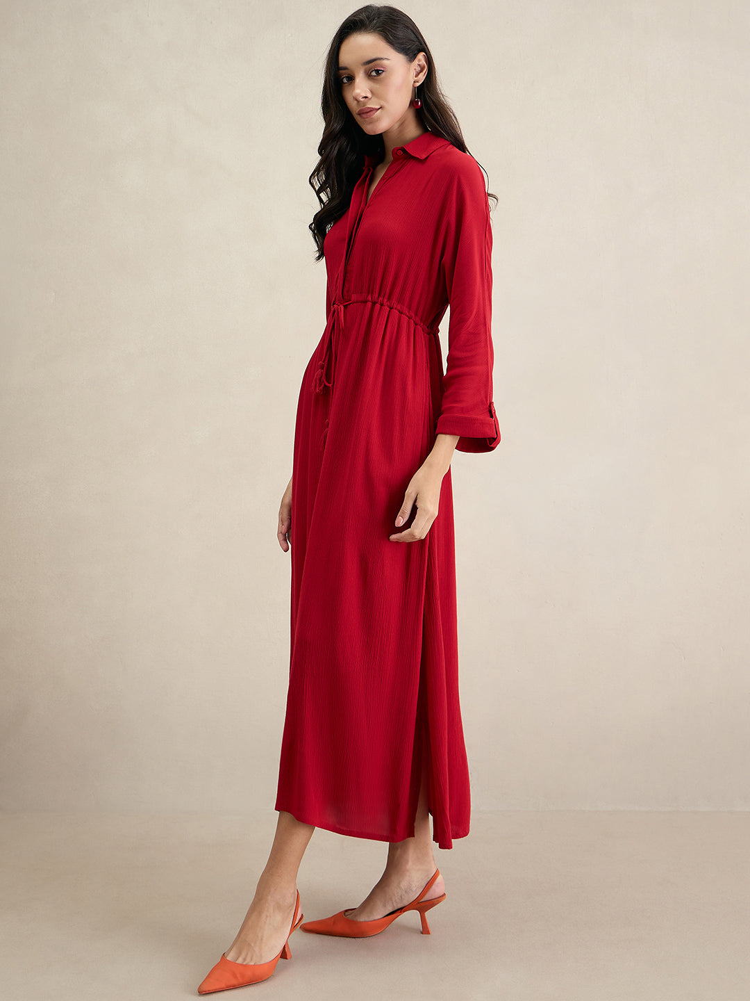 Cranberry Crinkled Shirt Maxi Dress