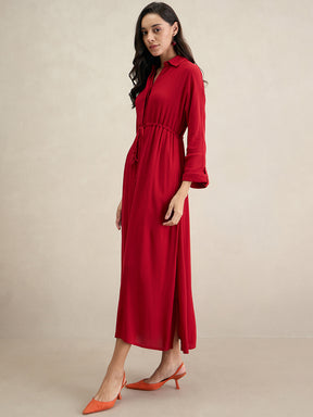 Cranberry Crinkled Shirt Maxi Dress