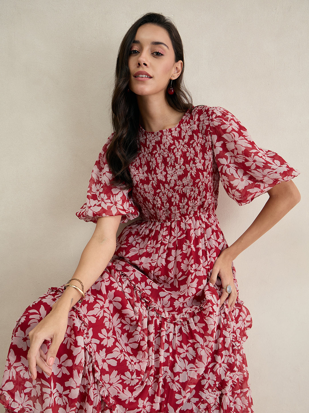 Red Floral Print Smocked Maxi Dress