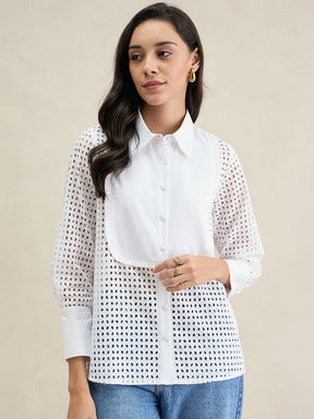 White Schiffli Button Down Shirt