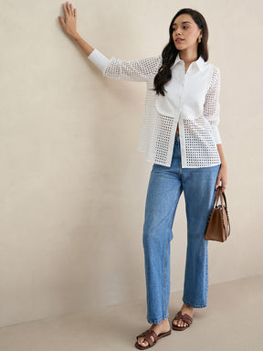 White Schiffli Button Down Shirt