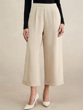 Beige Wide Legged Bottom Fold Up Detail Trousers