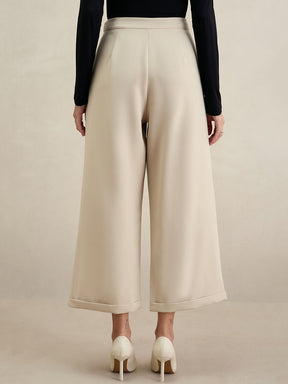 Beige Wide Legged Bottom Fold Up Detail Trousers