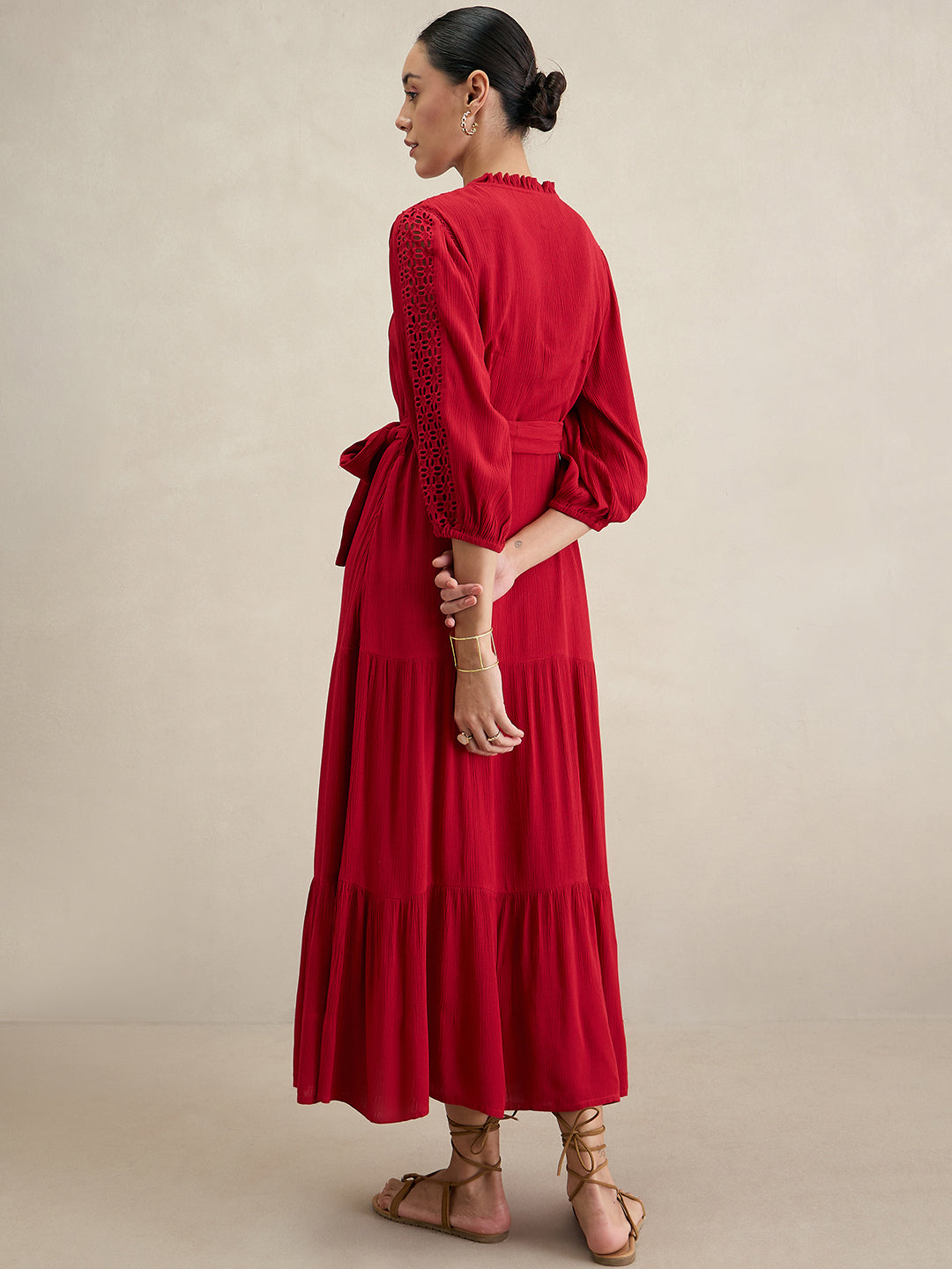 Cranberry Schiffli Tiered Maxi Dress