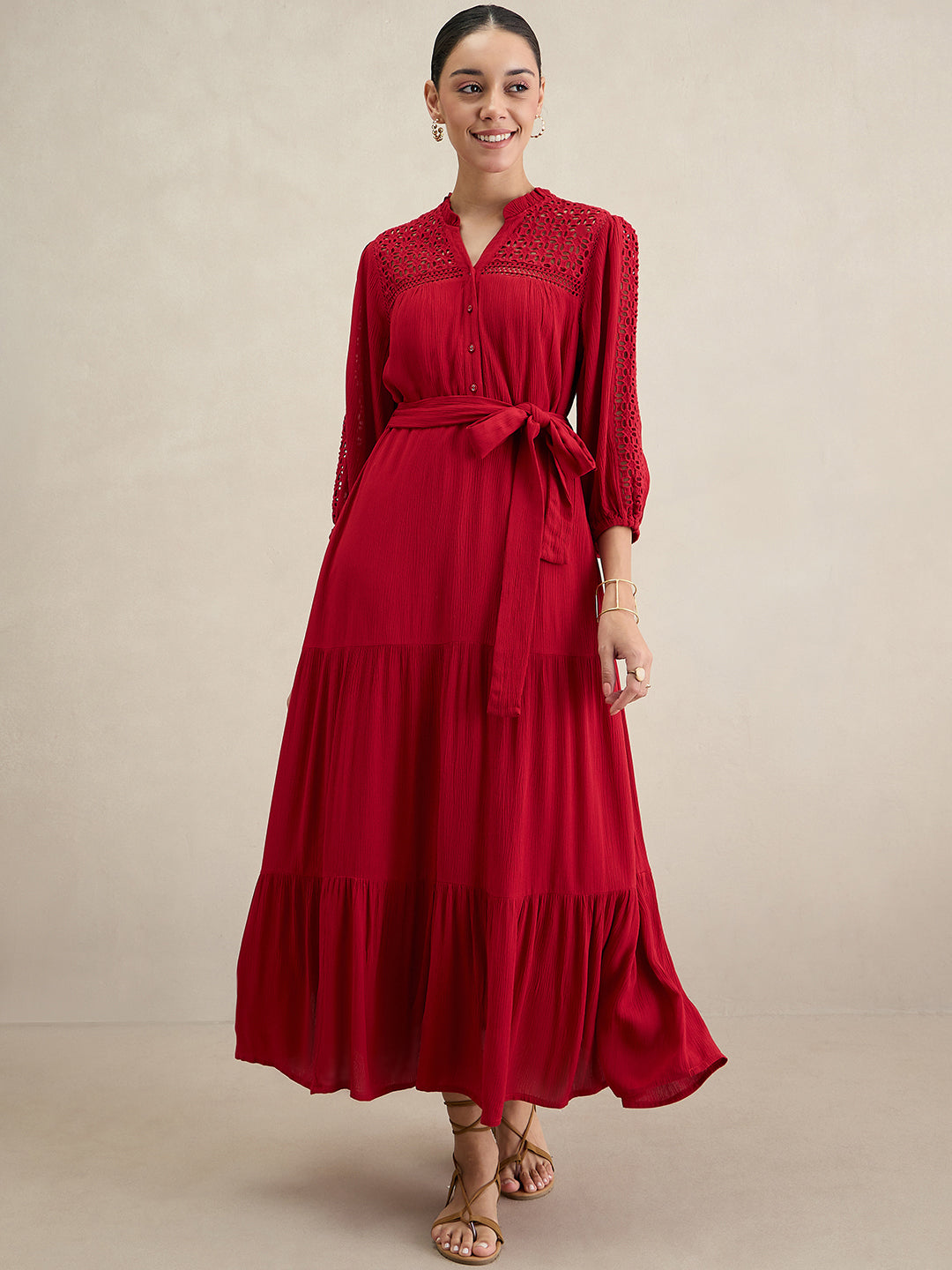 Cranberry Schiffli Tiered Maxi Dress