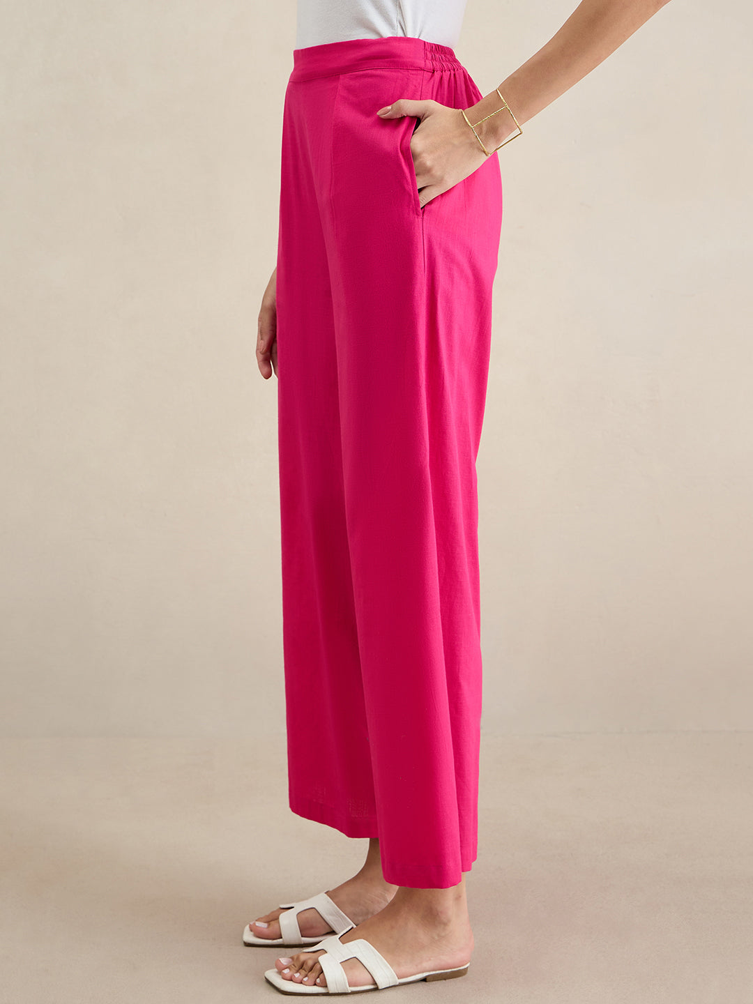 Hot Pink Cotton Staight Fit Pants