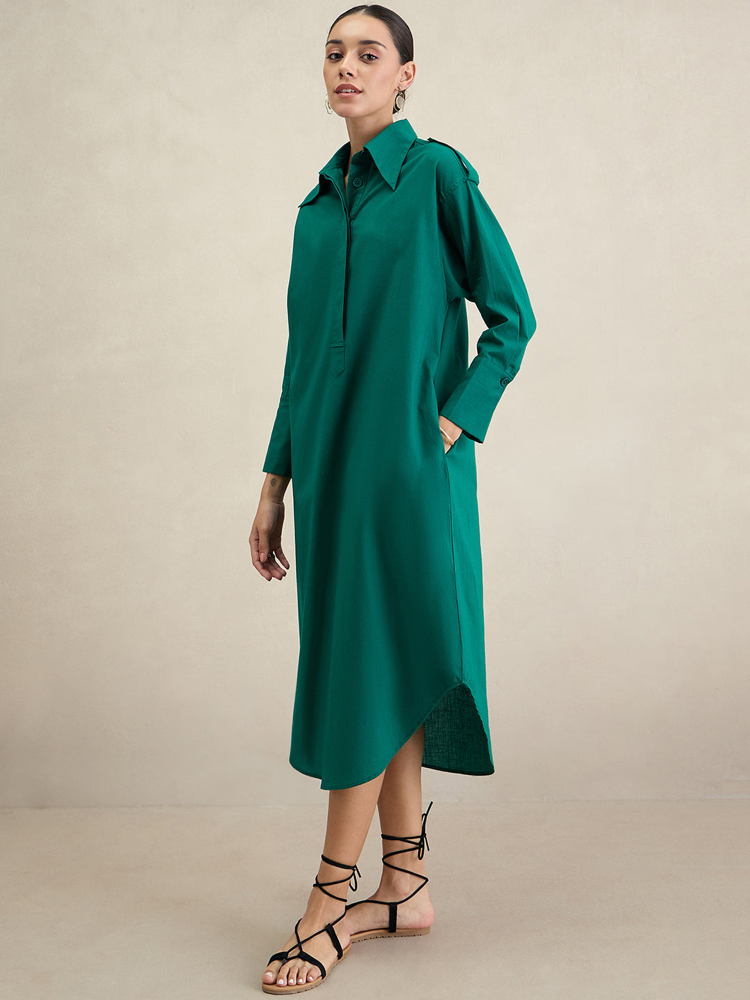 Emerald Green Cotton Shirt Maxi Dress