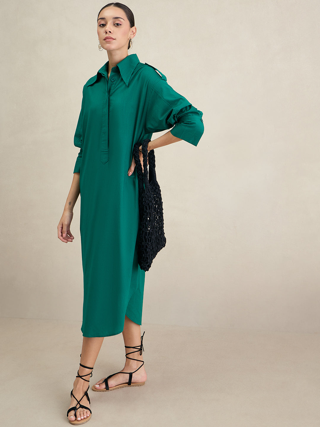 Emerald Green Cotton Shirt Maxi Dress