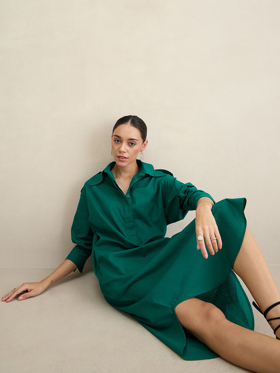 Emerald Green Cotton Shirt Maxi Dress